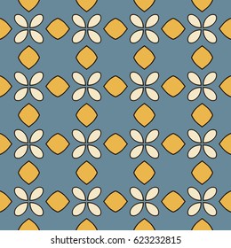 Seamless illustrated pattern made of abstract elements in beige, blue, yellow and black