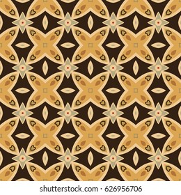 Seamless illustrated pattern made of abstract elements in beige, red, orange, grey, brown and black