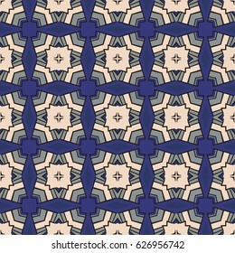 Seamless illustrated pattern made of abstract elements in beige, blue and black