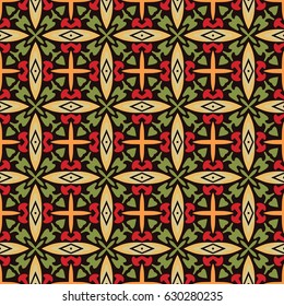 Seamless illustrated pattern made of abstract elements in beige,green, red, orange and black