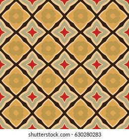 Seamless illustrated pattern made of abstract elements in beige, red, orange, grey, brown and black