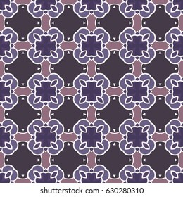 Seamless illustrated pattern made of abstract elements in beige and shades of purple