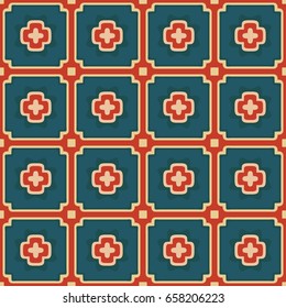 Seamless illustrated pattern made of abstract elements in beige, turquoise and red