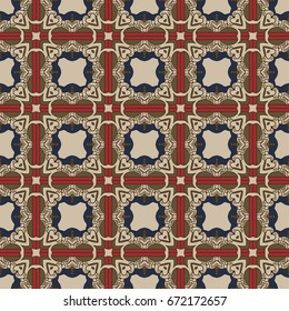 Seamless illustrated pattern made of abstract elements in beige, blue, red, brown and black