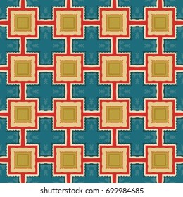 Seamless illustrated pattern made of abstract elements in beige, turquoise, yellow, red and orange