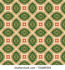 Seamless illustrated pattern made of abstract elements in beige, yellow, red, brown and green