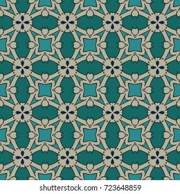 Seamless illustrated pattern made of abstract elements in beige, blue, brown, turquoise and black