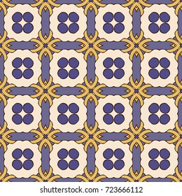 Seamless illustrated pattern made of abstract elements in beige, blue, 
yellow and black