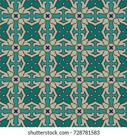 Seamless illustrated pattern made of abstract elements in beige, blue,  turquoise and black