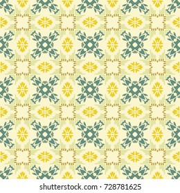 Seamless illustrated pattern made of abstract elements in beige, yellow, green and brown