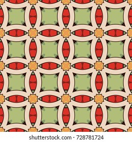 Seamless illustrated pattern made of abstract elements in beige, red, green, orange, yellow and black