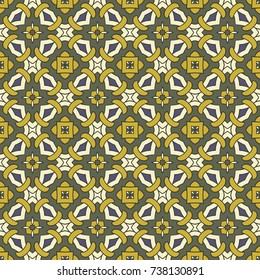 Seamless illustrated pattern made of abstract elements in beige,green, blue, yellow and black
