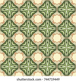 Seamless illustrated pattern made of abstract elements in beige, green, orange, brown and light blue