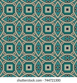 Seamless illustrated pattern made of abstract elements in beige, blue,  turquoise and black