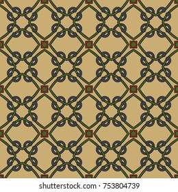 Seamless illustrated pattern made of abstract elements in beige, green, blue, red and black
