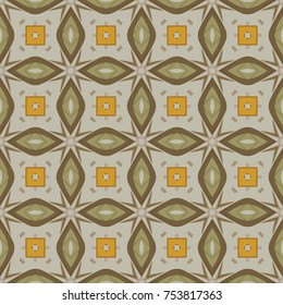 Seamless illustrated pattern made of abstract elements in beige, green, brown and orange
