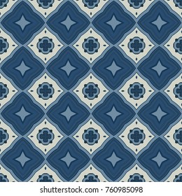 Seamless illustrated pattern made of abstract elements in light gray and shades of blue