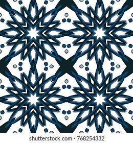 Seamless illustrated pattern made of abstract elements in white, black and blue