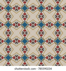 Seamless illustrated pattern made of abstract elements in beige, red, light brown, lighet blue and dark gray