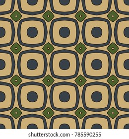 Seamless illustrated pattern made of abstract elements in beige, blue, green and black
