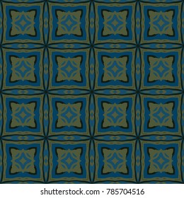 Seamless illustrated pattern made of abstract elements in brown, blue and black