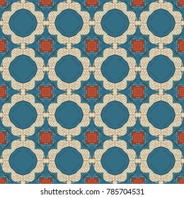 Seamless illustrated pattern made of abstract elements in beige, red, turquoise, brown and gray