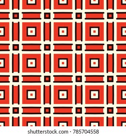 Seamless illustrated pattern made of abstract elements in beige, red and black