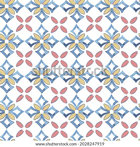 Seamless illustrated pattern made of abstract elements in pink, blue, yellow, Portuguese azulejo tiles. gorgeous seamless patterns.