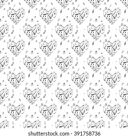 Seamless illustrated pattern made of black musical notes on white