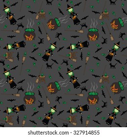 Seamless illustrated pattern made of cartoon witch, broom, cat and cauldron