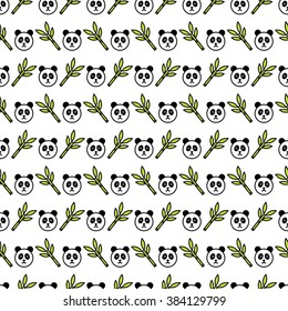 Seamless illustrated pattern made of cartoon pandas and bamboo on  white