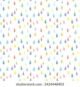 Patrón ilustrado sin costuras hecho de gotas de lluvia ilustradas de colores en blanco