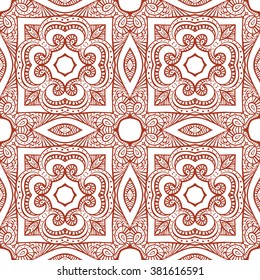 Seamless illustrated pattern made of hand drawn elements in chinese red on white