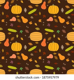 Seamless illustrated pattern made of leaves, pumpkins, chestnuts and corns