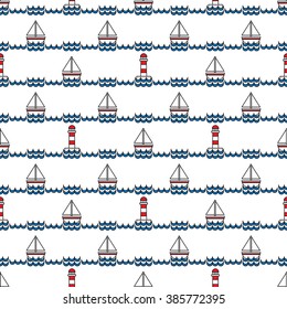 Seamless illustrated pattern made of sailboats on sea