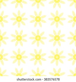 Seamless illustrated pattern made of stylized yellow flowers on white