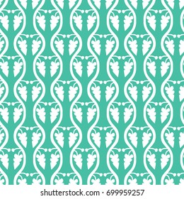 Seamless illustrated pattern made of white leaves and waves on turquoise
