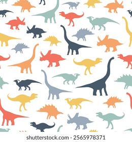 Seamless illustrated pattern with prehistoric colorful dinosaurus on white background