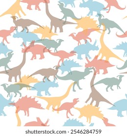 Seamless illustrated pattern with prehistoric transparent dinosaurus on white background