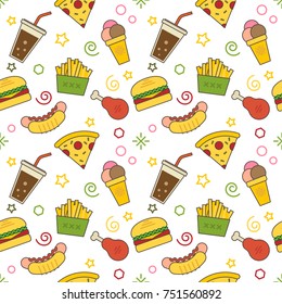 Seamless illustrated technology and science themed line style vector pattern with burgers, hot dogs, sweet drinks, ice cream, fries, chicken and pizza mixed with abstract shapes. 