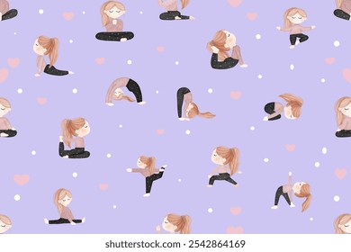 Seamless illustrated yoga pattern with mixed people practicing yoga poses