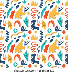 Seamless illustration with abstract elements. Background with doodles, bubbles. Children's textiles, Wallpapers, home decor, printing on clothes, Posters, stickers. Vector illustration