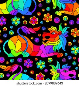 Seamless illustration with abstract lions and flowers, animals in stained glass style on a dark background