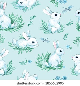 seamless illustration with animals. white rabbits with dragonflies on a light blue background. cute kids ornament