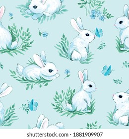 seamless illustration with animals. white rabbits with butterflies. watercolor. cute kids ornament