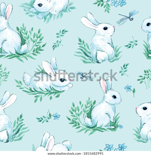 Seamless Illustration Animals White Rabbits Dragonflies Stock Vector ...