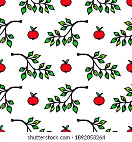Seamless illustration with apples and foliage on a white background.