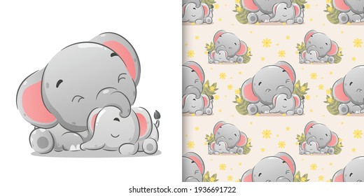 The seamless illustration of the baby elephant sleeping in near the big elephant