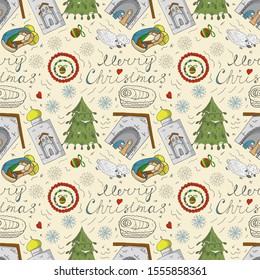seamless illustration for background decoration and design style kids Doodle Orthodox Christmas background isolated vector EPS 10