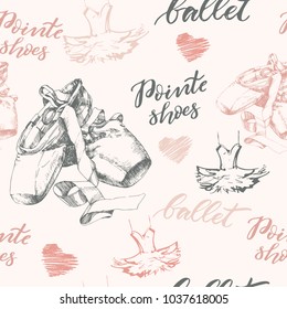  Seamless Illustration, background with hand drawn pair of well-worn ballet pointes shoes, tutu  and modern lettering 